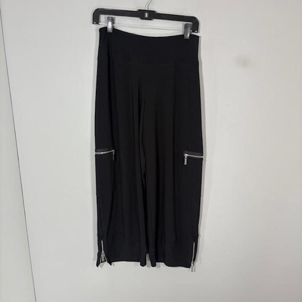 Sympli Pants Womens 8 Black Jersey Cropped Wide Leg Elastic Waist Zip Pockets